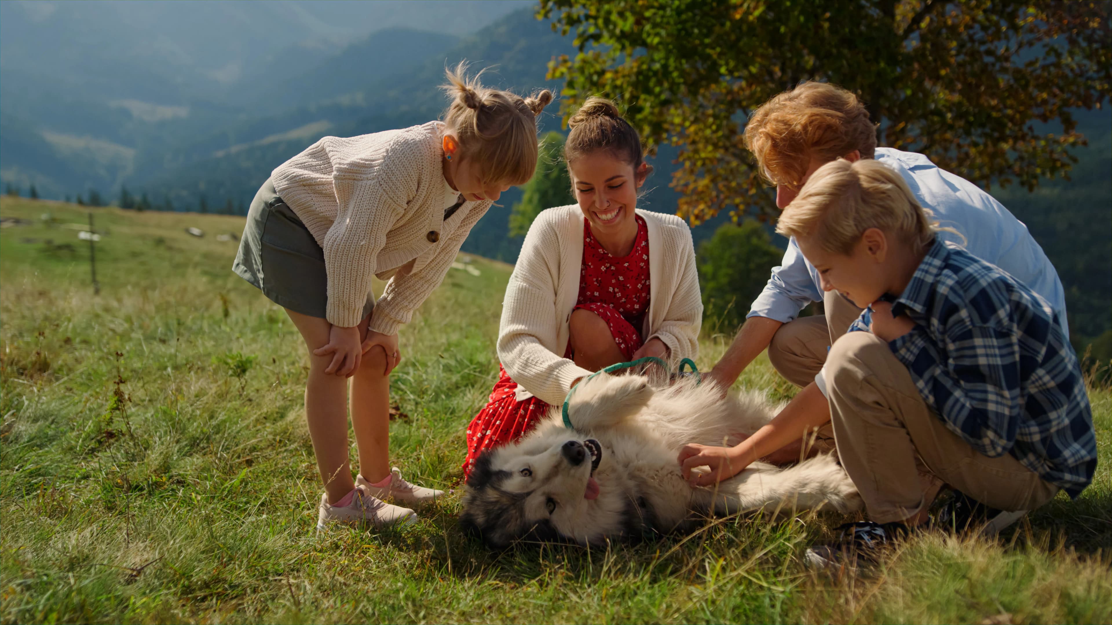 A family gathered around their dog on the grass